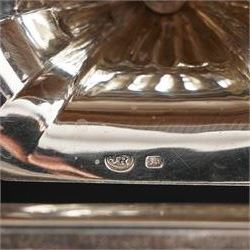 Victorian silver tea and coffee set engraved with classical urns, oval paterae and scrolling foliage, monogram and 'Diligentia et Honore' comprising teapot, tea kettle on spirit heater stand, coffee pot, two handled sugar bowl and cream jug Sheffield 1891 Maker John Round & Son Ltd