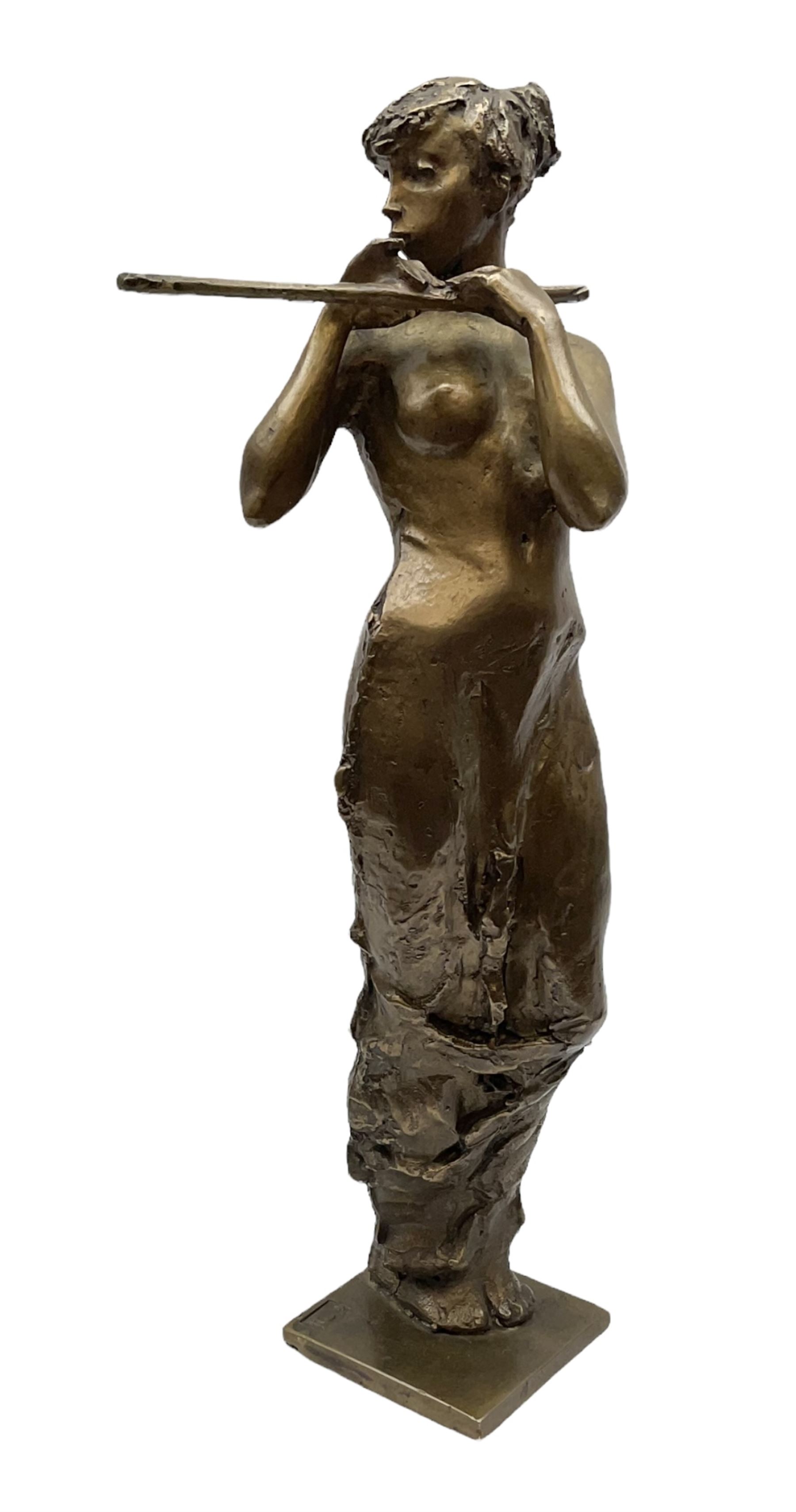 Sasa Zahradnik (Czech, B1950), bronze figure of a female flute player, with impressed stamp to the base, H34cm