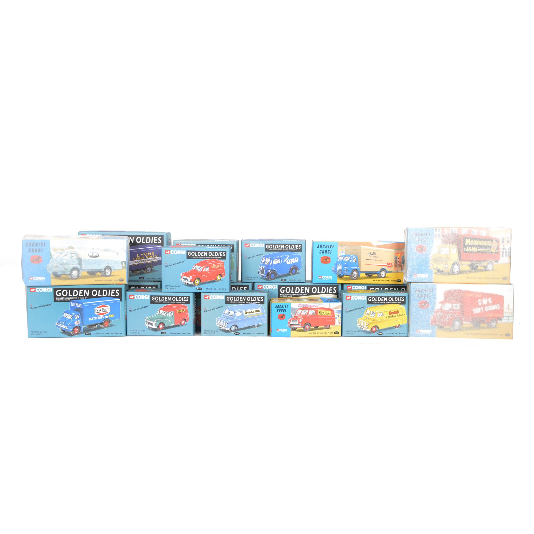 Twelve Corgi Golden Oldies 40th Anniversary Edition diescast models, including 19302 Bedford S Weetabix, 05601 Bedford CA Kodak, 19303 Thames Trader Heinz, 30301 Thames Trader Slumberland, 19301 Bedford S Lyons, 30302 Thames Trader Ever Ready and 30303 Bedford S Spratts, together with five Corgi Archive diecast models, all boxed (17)