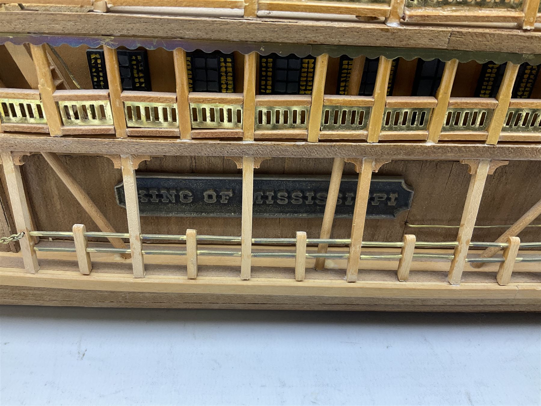 Hand built model of a river paddle steamer 'King of the Mississippi' and a sailing ship with three masts and unfurled sails, largest example H80cm, L101cm