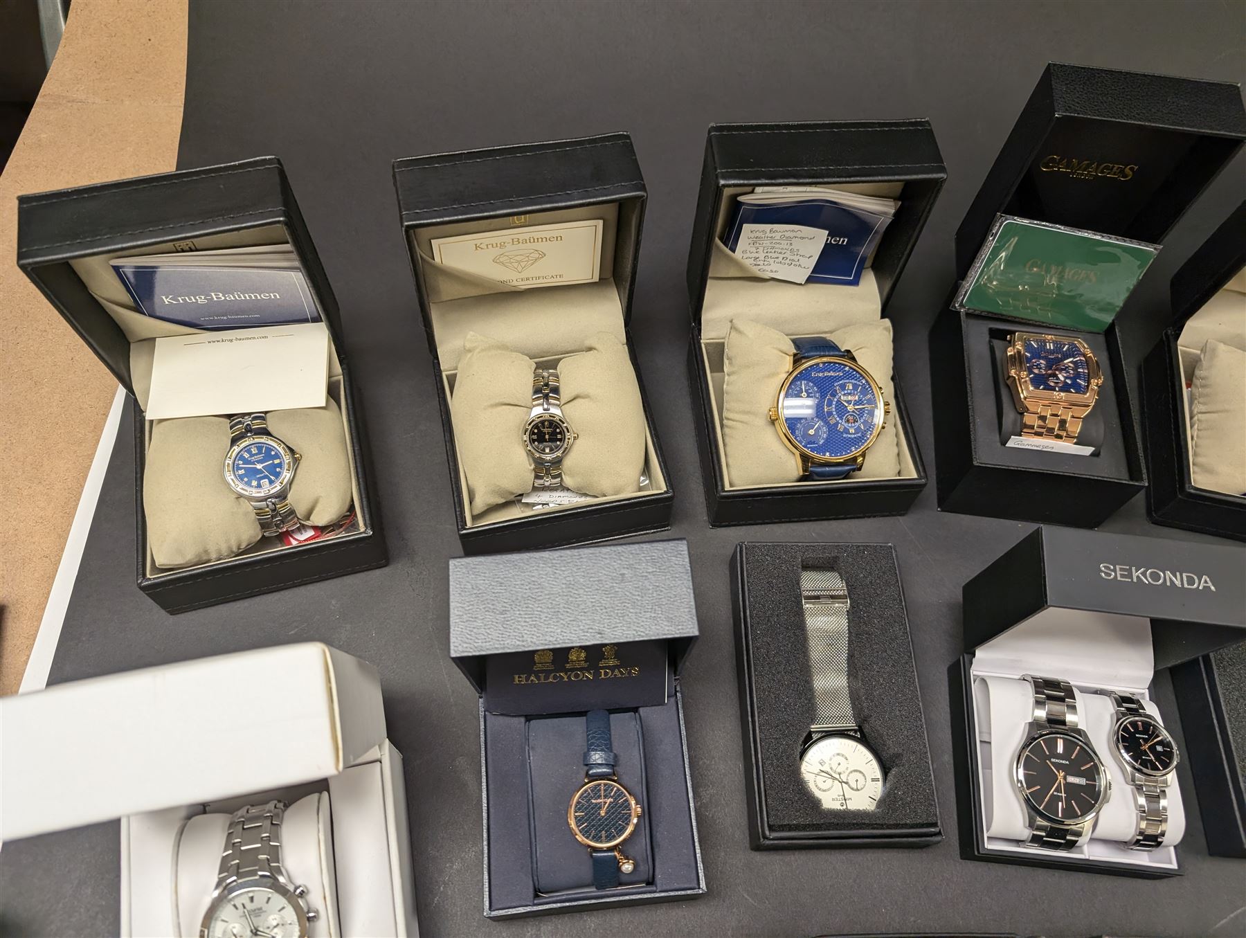 Collection of wristwatches including Accurist chronograph, Gamages automatic, six Krug-Baumen diamond, Minster, Halcyon Days, Seconda, Lorus etc