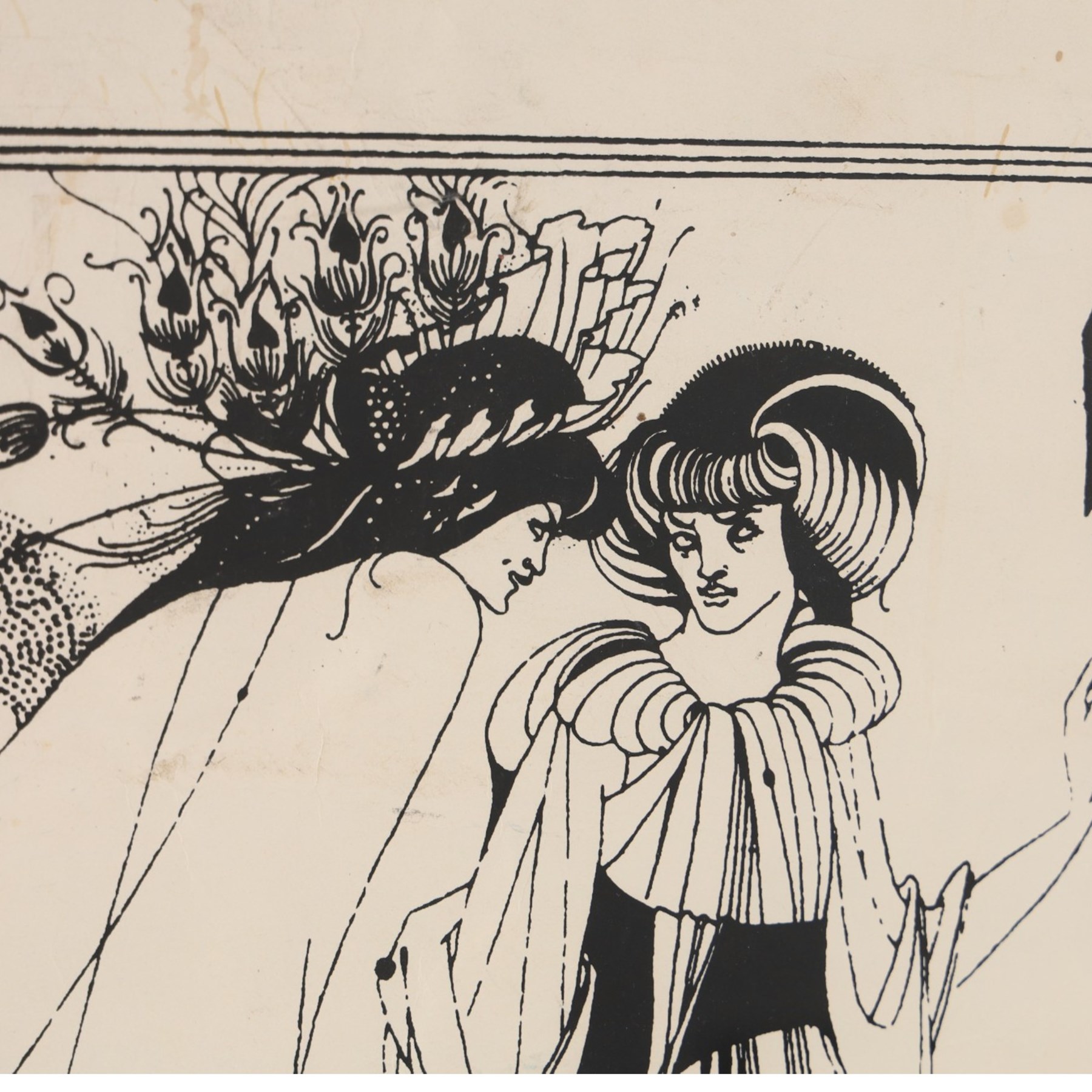 After Aubrey Beardsley (British 1872-1898): The Peacock Skirt, monochrome lithographic poster unsigned 54cm x 39cm
Notes: The original design was a one of sixteen illustrations from Oscar Wilde's play Salome: A Tragedy in One Act.