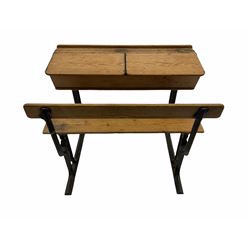 Early 20th century school desk, pine and cast iron, two sectional with hinged lids, the irons marked ‘Addision Ltd.’