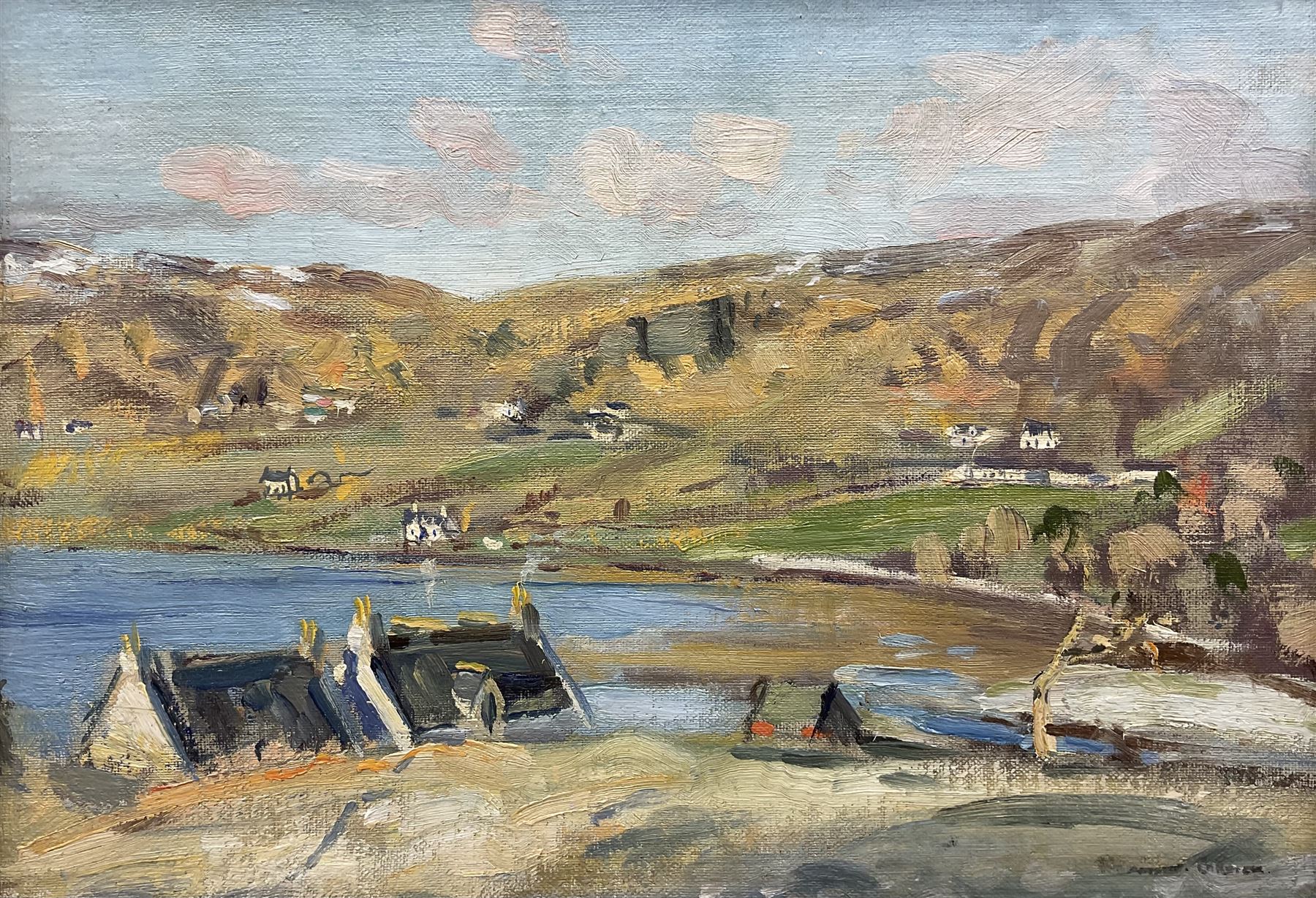 William Arthur Laurie Carrick (Scottish 1879-1964): 'Frosty Morning - Uig Skye', oil on canvas board signed, titled verso 24cm x 34cm