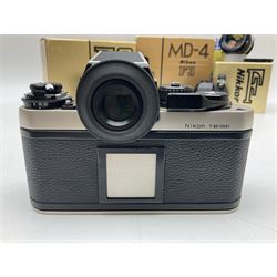 Nikon F3T camera body, in champagne/ titanium colourway, serial no. T8215031, with 'Nikon Nikkor 50mm 1:1.4' lens, Nikon MD4 motor drive, serial no. 156592 and Nikon MK-1 Firing range converter, all with original boxes 