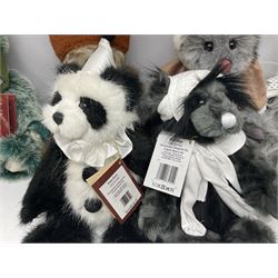 Six Charlie Bears, comprising Nutmeg CB621329, designed by Isabelle Lee, Toadstool CB195166, Pom Pom CB175154B, Whoooo CB195220O, Bandage CB215274O, and Bearwolf CB215275O, all with tags 