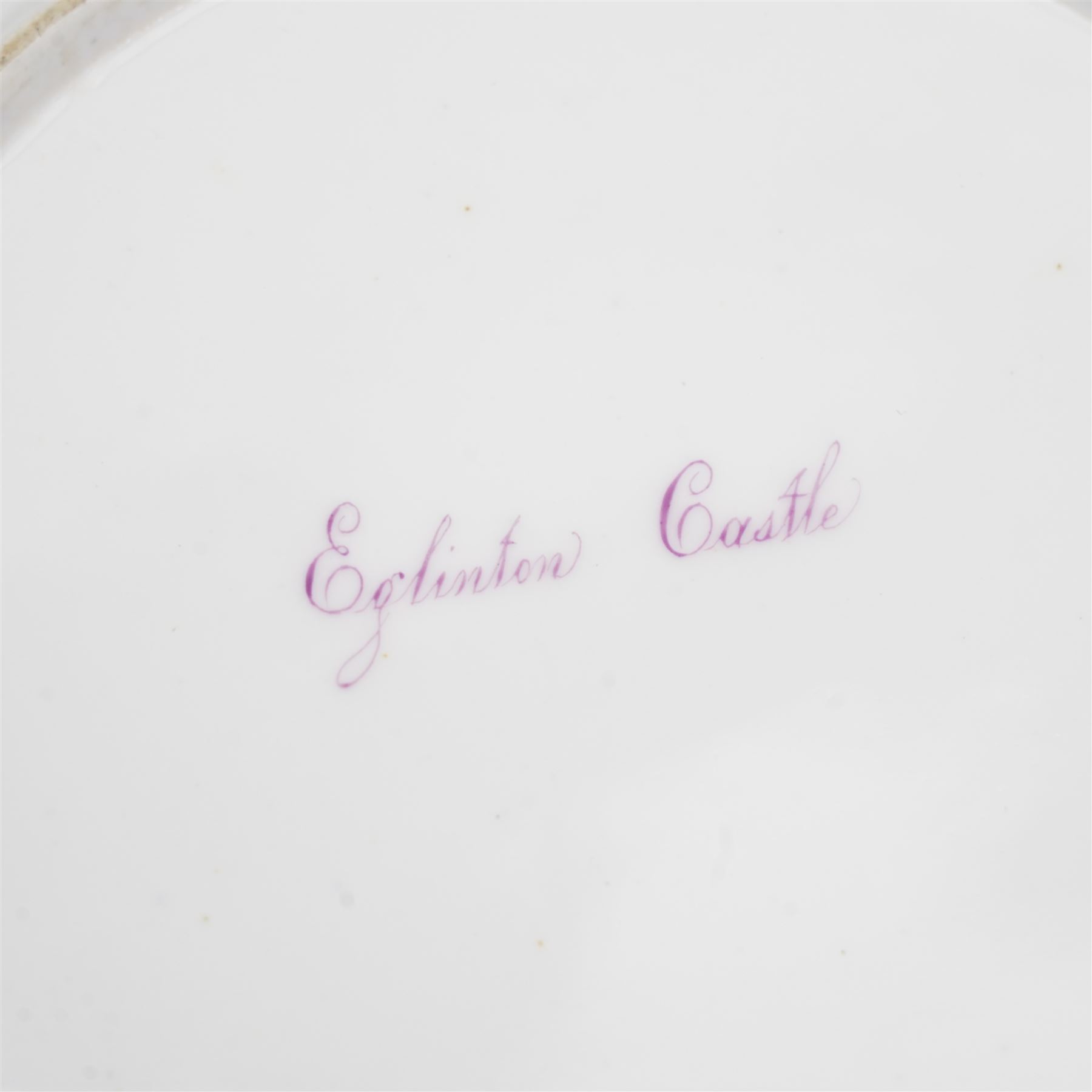 Set of five Derby plates with painted landscapes by Henry Lark Pratt, within gilt detailed swept boarders, the scenes comprising 'Brougham Castle - Northumberland' 'Eglinton Castle' 'Tivoli' and 'Blickling - Norfolk', with painted titles to base, pattern no. 3351 (5)