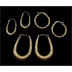 Three pairs 9ct gold hoop earrings, hallmarked or stamped 375