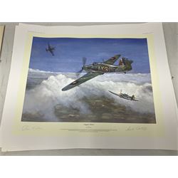 Collection of twenty-one unframed and seven framed prints of predominantly aviation interest after David Pritchard, Brian Petch, Stephen Teasdale, Barry Price, Coulson, Wardle etc; depicting Spitfires, Hurricanes etc; some limited editions with certificates and many bearing multiple signatures on the mount