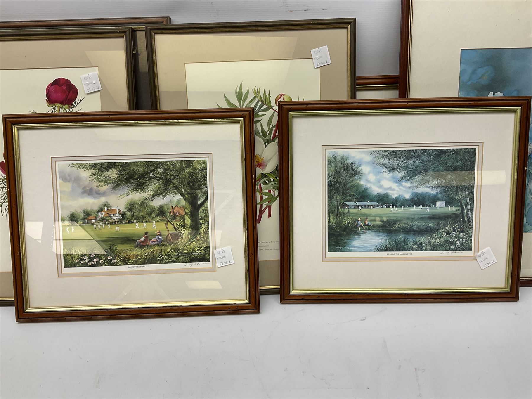 After Terry Harrison (20th century): Landscapes and Cricket, three colour prints signed in pencil together with four prints of flowers and one other max 45cm x 34cm (8)