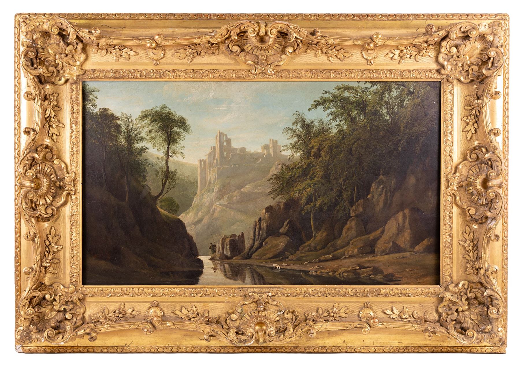 Circle of Francis Danby (Irish 1793-1861): Wooded Valley with Fisherman and Castle, oil on panel unsigned 46cm x 80cm in magnificent swept gilt frame