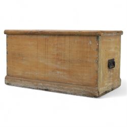 19th century golden oak chest, iron strap carry handles and hinges