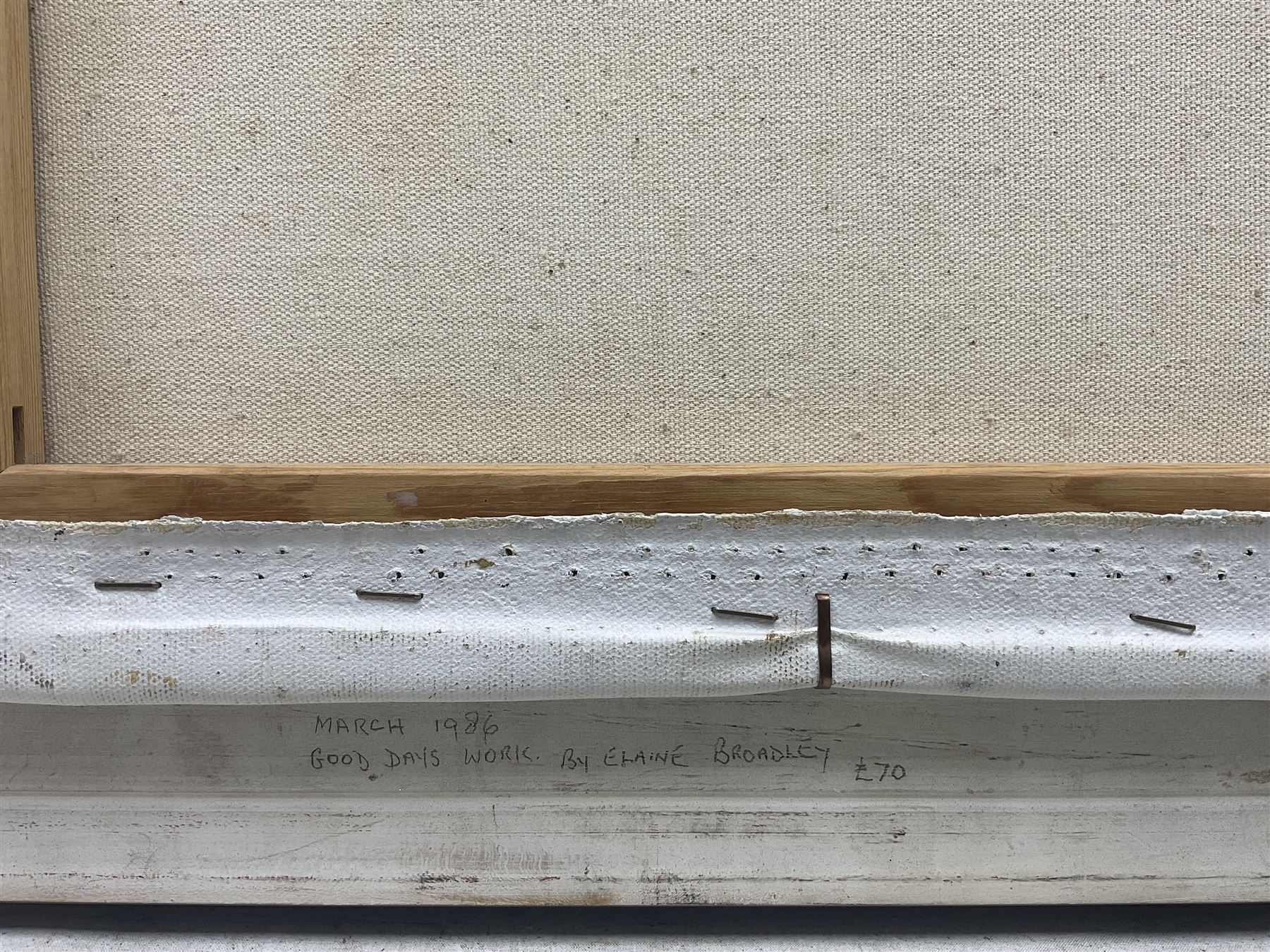 Elaine Broadley  (Yorkshire 20th Century): 'Good Day's Work', oil on canvas signed, titled and dated 1986 verso, with Yorkshire Artists Exhibition catalogue 29cm x 39cm 