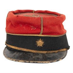 WWI French Administration Officer's kepi, 1914, the body in red wool with gilt piping and bullion wire woven star the front