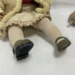 Two Zapf Creation limited edition designer collection dolls, by Brigette Paetsch, the first example with faux suede jacket, red jumper and denim skirt, no. 460, the second example 'Linda' in white dress with teddy bear accessory, no. 785, each signed B Paetsch, tallest L60cm