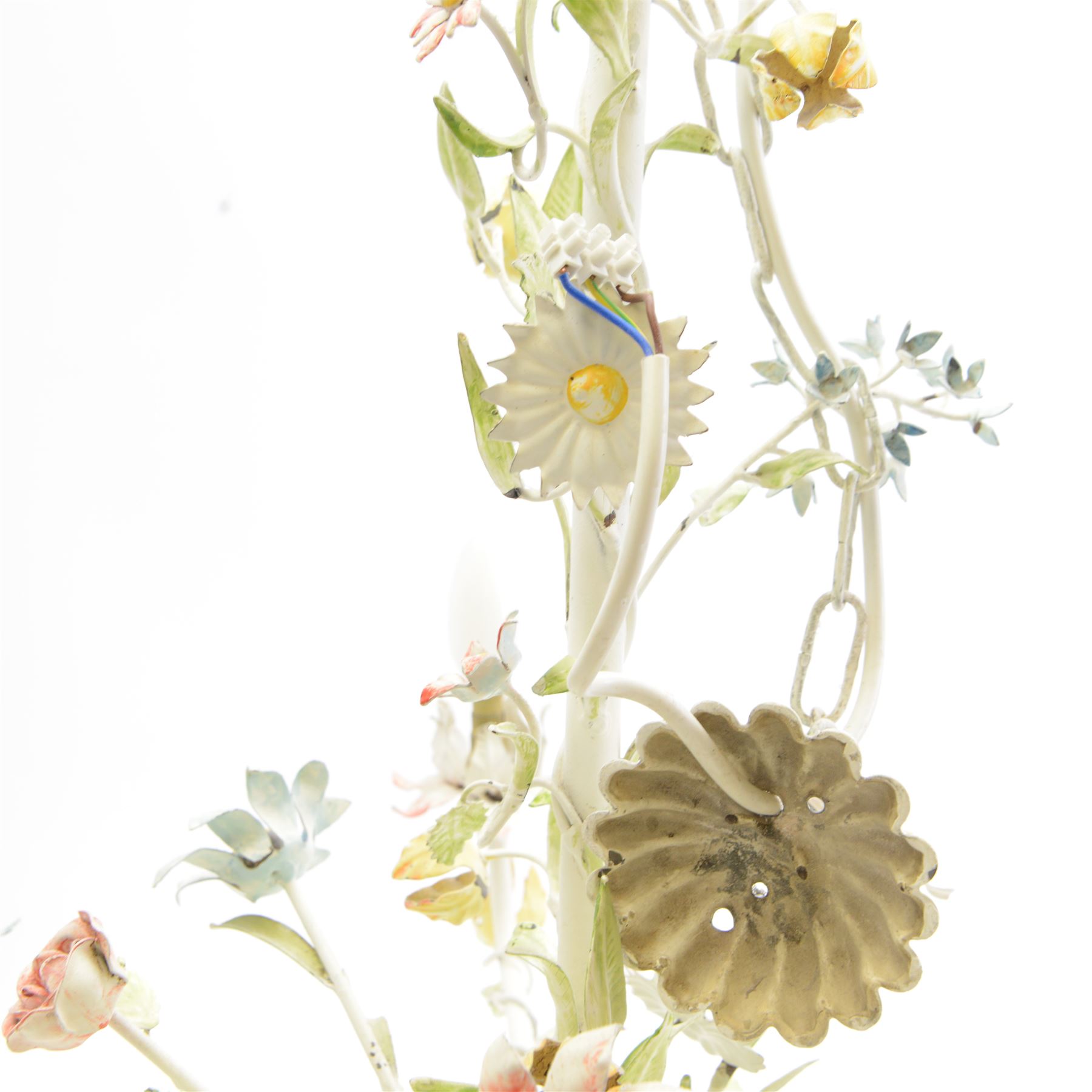 Mid-20th century French toleware chandelier, designed as a multicoloured floral bouquet, five branches each terminating in light fittings