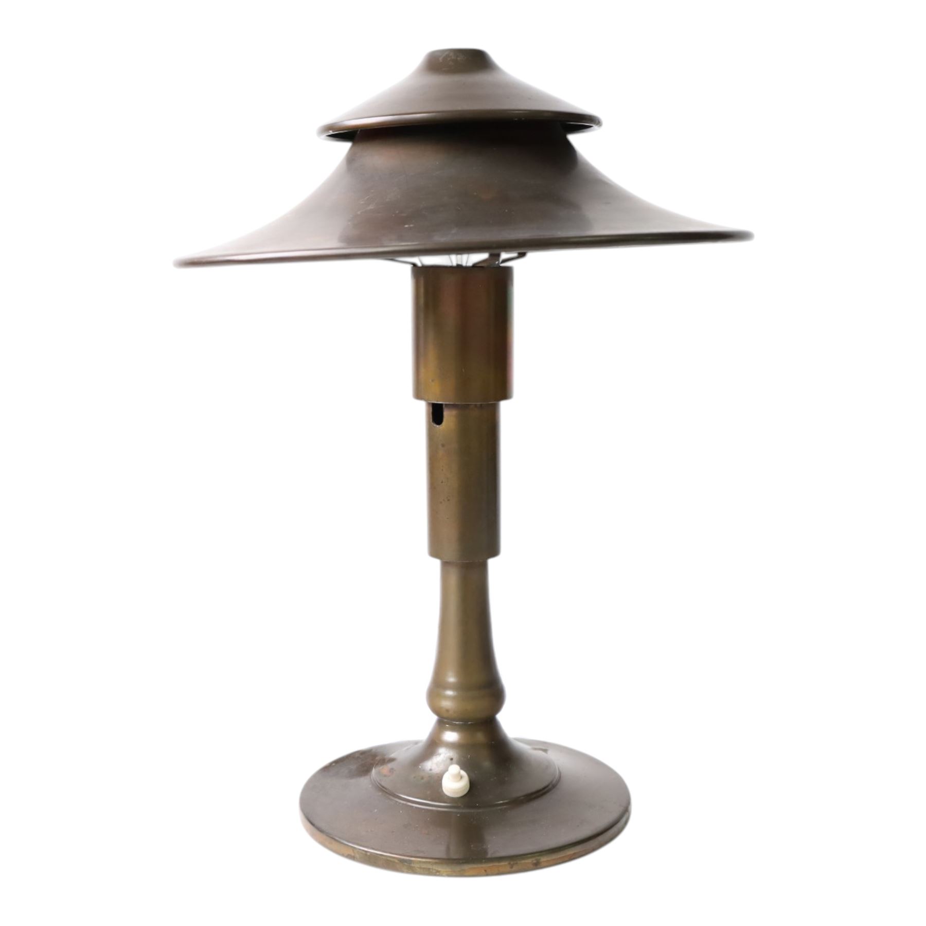 Art Deco Pagoda lamp, by Leroy Doane for Miller Lamp Company, circa 1930, with double canopy shade, marked Miller Lamp Company beneath, H40cm