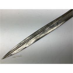 British 1855 pattern 'Sappers & Miners' Lancaster sword bayonet as issued to Medical Corps, the 62cm steel blade marked S&K with various numbers; in brass mounted leather scabbard numbered 1176