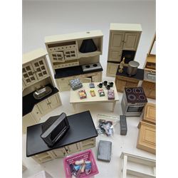Modern 1:12 scale dolls house furniture, comprising pine kitchen set, with wall cabinets, floor cabinets and sink unit, white wooden bathroom suite, white wooden kitchen and dining room furniture and appliances, wooden bedroom furniture, Raine purple wingback chair, tv, desk, fish tank, etc