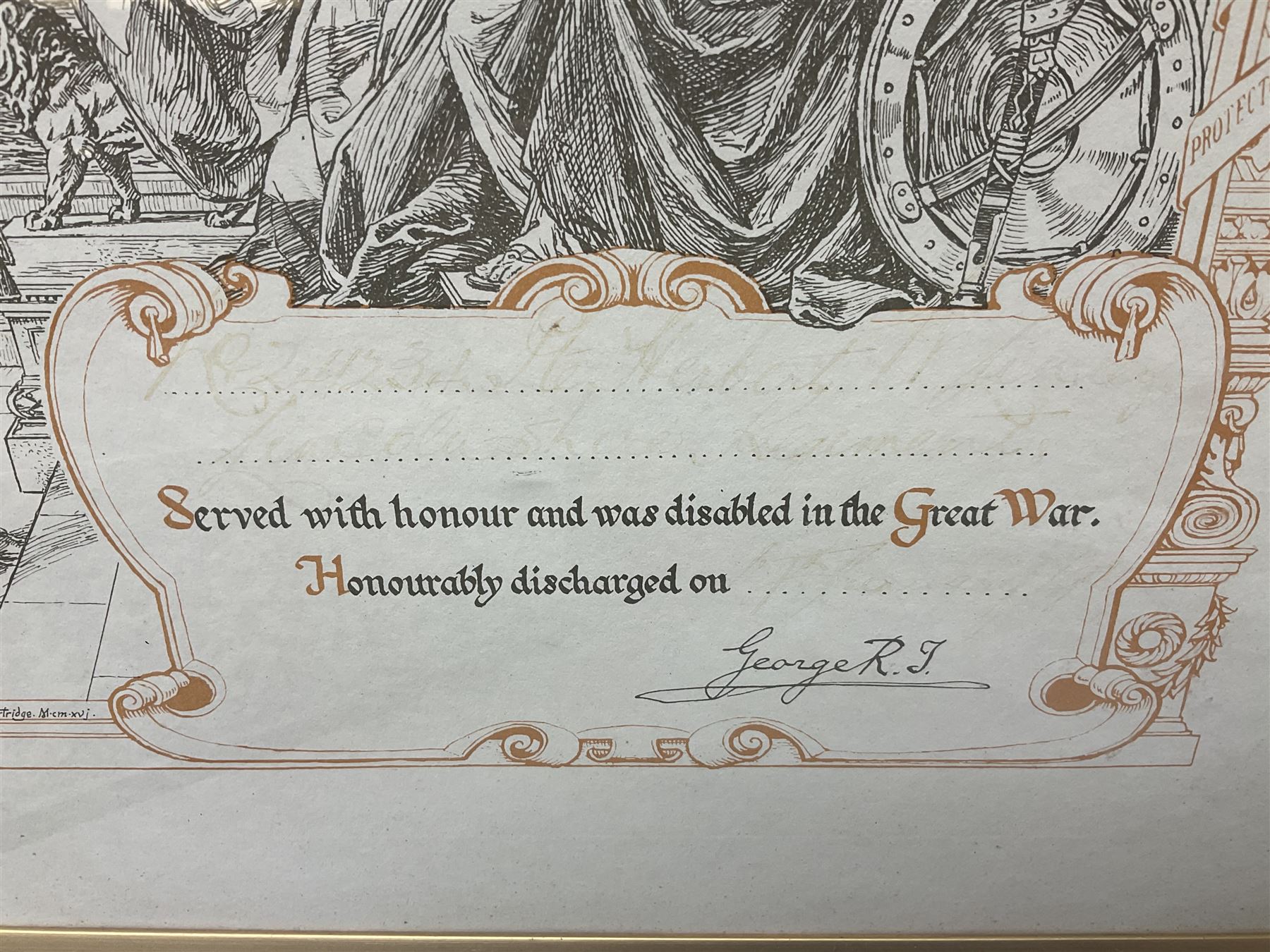 George V WW1 Memorial Scroll to Gunner William Henry Oughtibridge Royal Garrison Artillery; and WW1 Lincolnshire Regiment Disabled Honourable Discharge certificate with indistinct faded inscription; both framed (2)