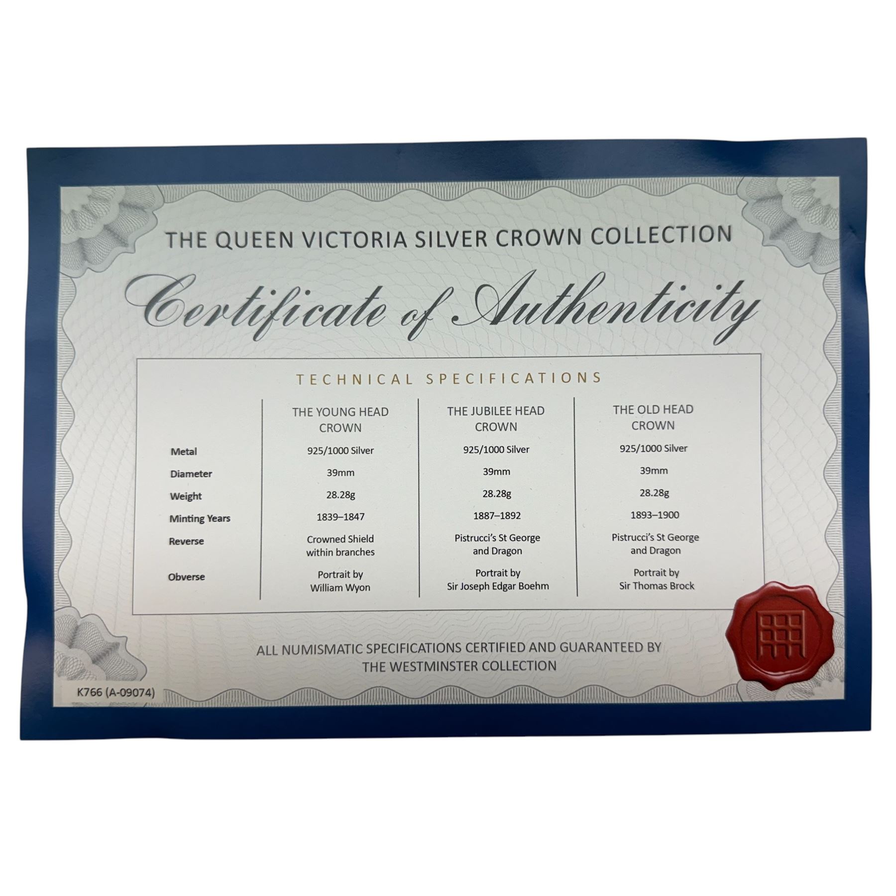 Three Queen Victoria silver crown coins, dated 1845, 1889 and 1893, housed in a case as 'The Queen Victoria Silver Crown Collection' with Westminster certificate