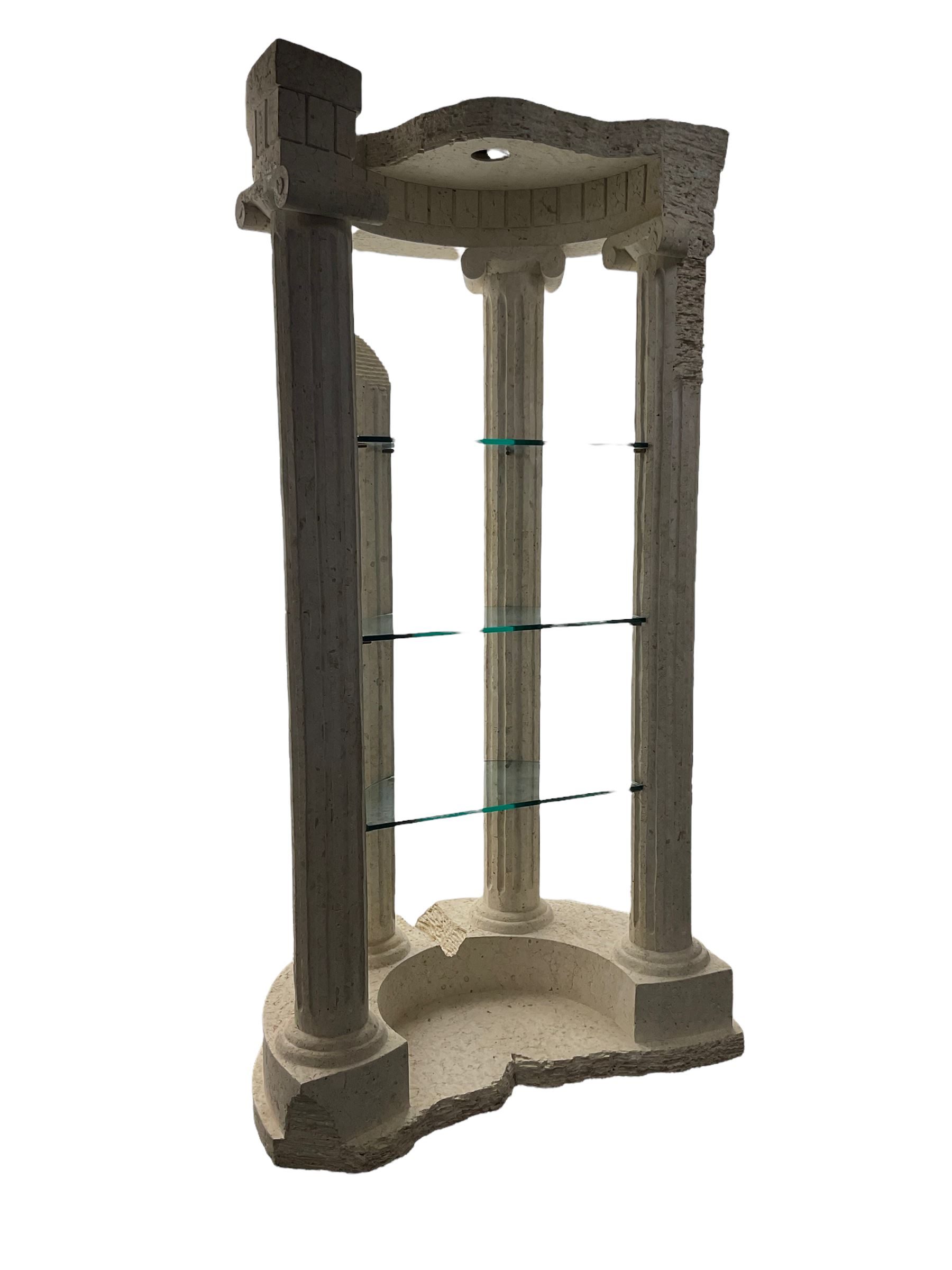 Cast architectural stone effect column display stand, fitted with three glass shelves 