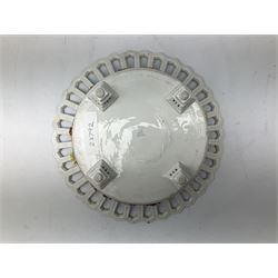 Early 20th century Dresden floral encrusted pierced bowl, centrally painted with flowers, on four tapering supports, D30cm 