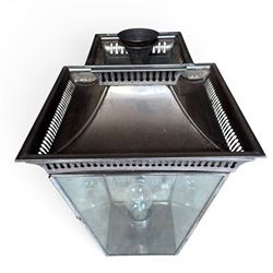 Pair of Victorian design black painted 'street' lamps, and a satin chrome light fitting