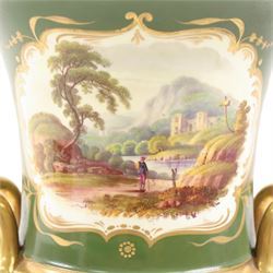 19th Century twin handled campana vase, probably Coalport, hand painted with a river scene upon a green ground with gilt detail, H27cm