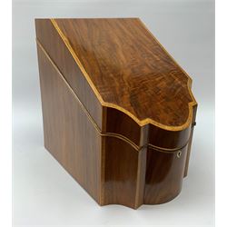 A large mahogany Georgian style serpentine fronted box, the hinged cover opening to reveal a compartmented interior with letter dividers, H37.5cm L28.5cm D37cm. 