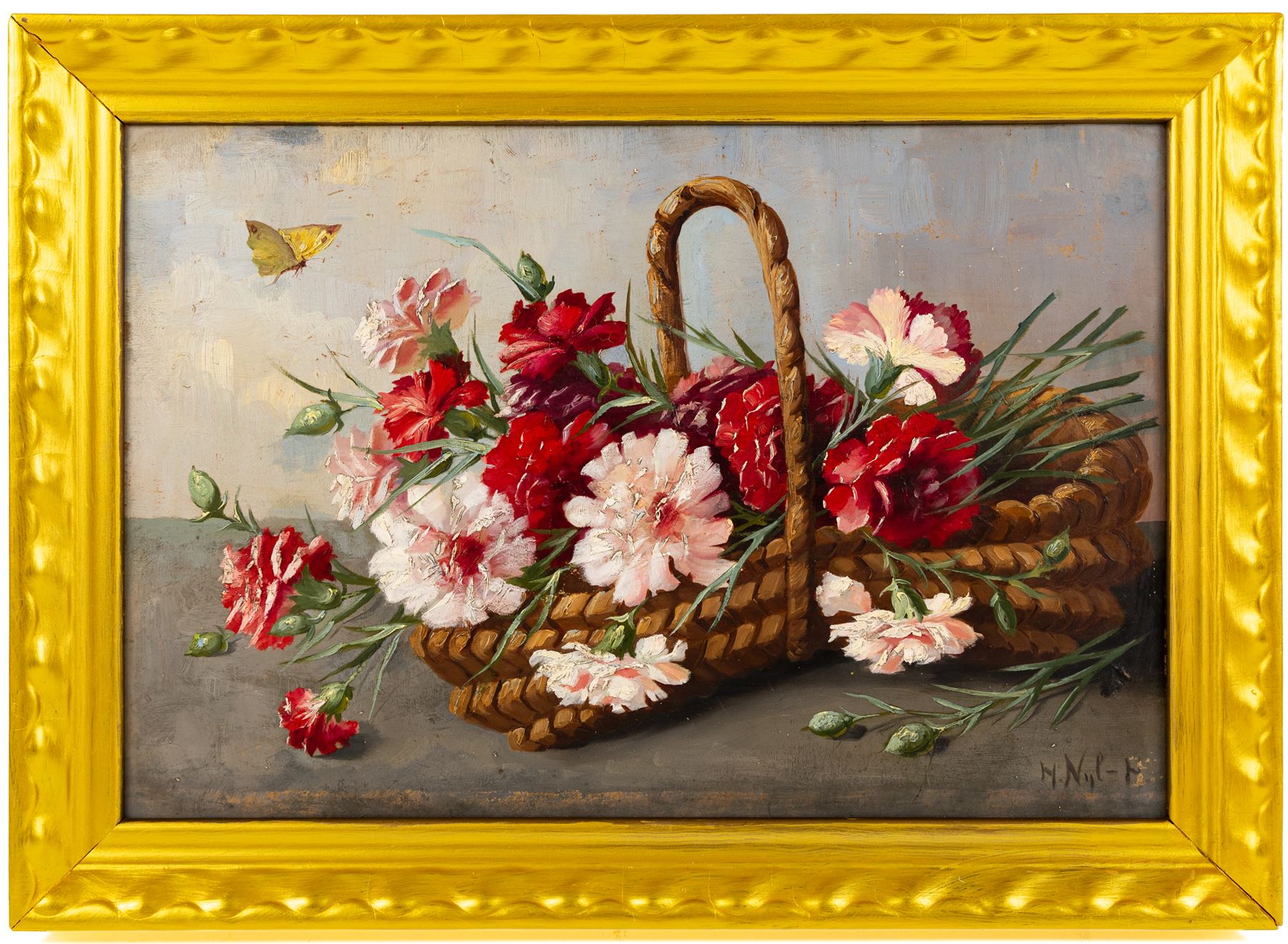 Marie Nyl-Frosch (German 1857-1914): Still Life of Flowers in a Basket, oil on board signed 31cm x 46cm