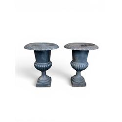 Pair of Victorian design heavy cast iron garden urns, black painted, egg and dart rim on waisted column