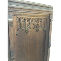 Victorian solid oak pew, panelled design, carved Gothic ends