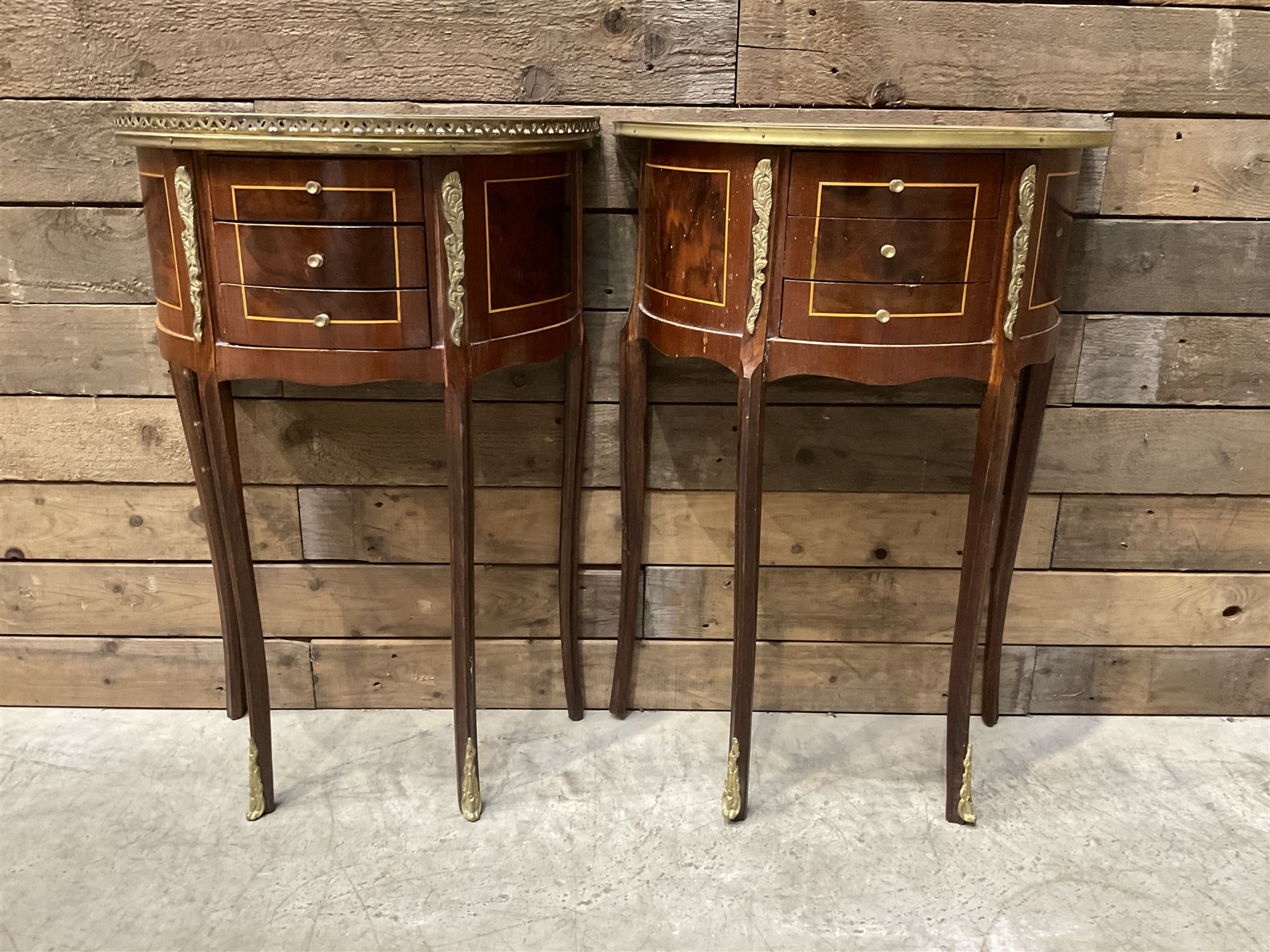 Pair French Louis XVI design demi lune side table, three drawers, on shaped cabriole legs