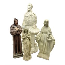 Four composite figures, comprising Saint Francis of Assisi, two figures of Virgin Mary and a monk, tallest H79cm