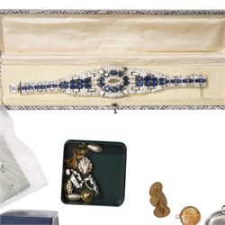 Victorian dress stud with horseshoe motif, two silver pocket watches, silver-plated pocket compass, silver pendant earrings, St George and the Dragon silver coin, mounted as a pendant, silver paste set bracelet, WW1 Victory medal awarded to PTE N Fisher, R Scots, costume jewellery etc 
