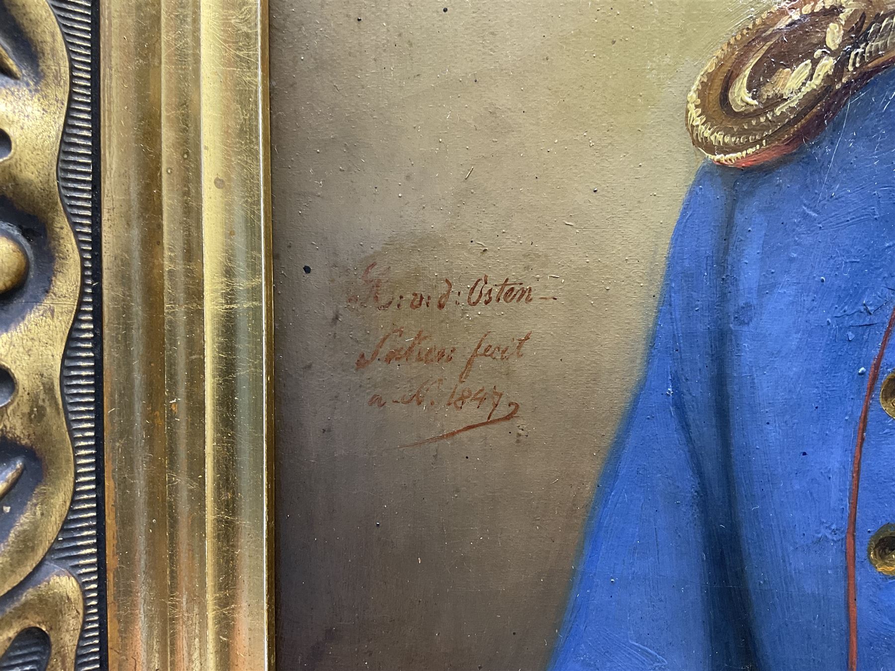 Manner of George Dawe (British 1781-1829): Portrait of a Prussian Officer, inscribed and dated 1847, 34cm x 28cm
Notes: the inscription suggests this work could be attributed to a member of the Von der Osten-Sacken family, a distinguished German-Baltic noble family. Given that many of the family members occupied prominent military positions, it is also plausible that this piece depicts one of them.