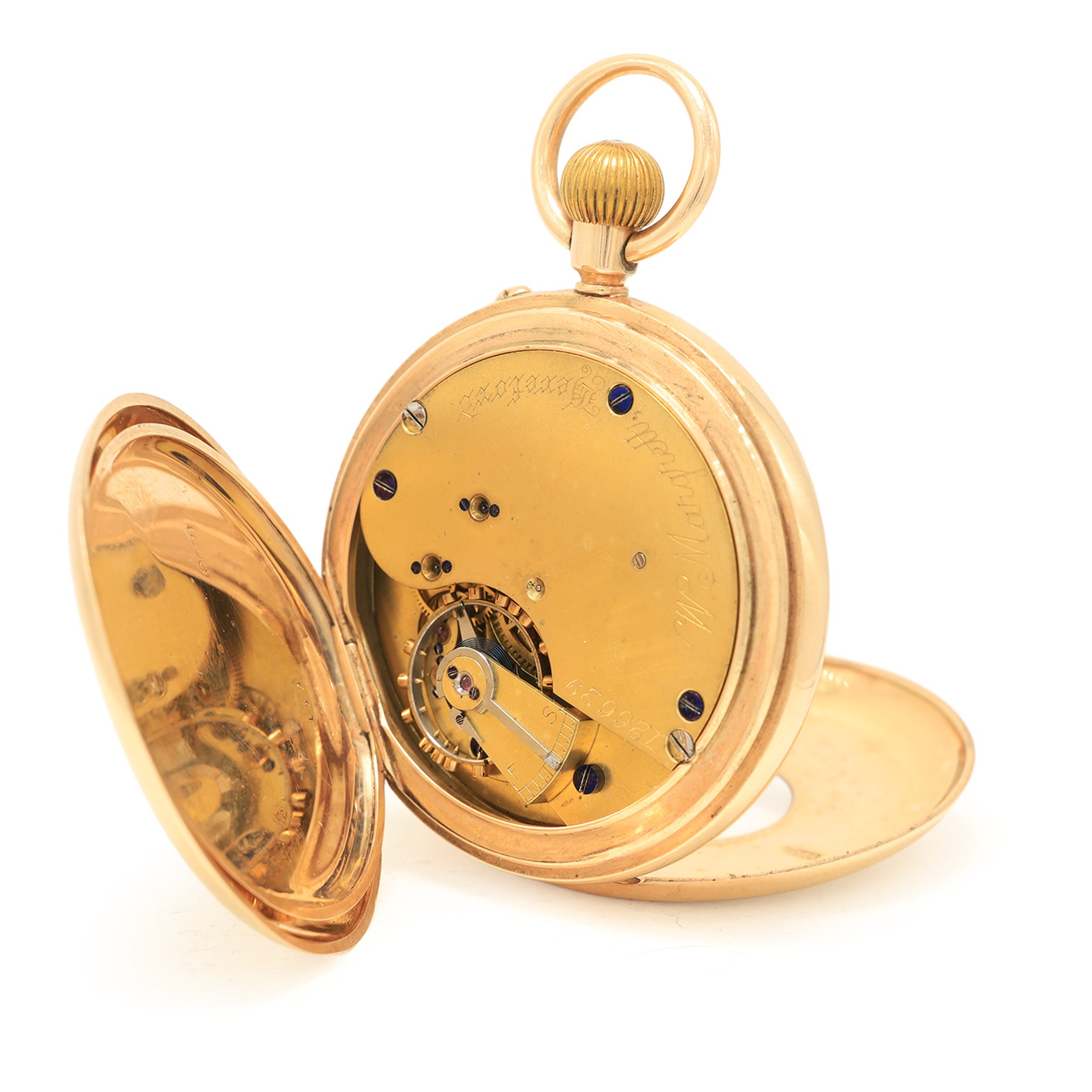 Victorian 9ct gold half hunter keyless lever presentation pocket watch by W. Margrett Hereford, No. 126629, white enamel dial with Roman numeral hour markers and subsidiary seconds dial, case by Rotherham & Sons, Birmingham 1897