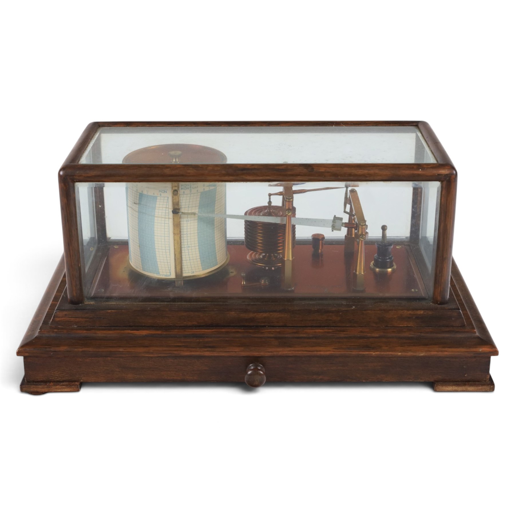 Mid-late 20th century Negretti & Zambra 'Regency' barograph, in oak case with five bevelled glass panels and single drawer beneath, case H20cm, W42cm