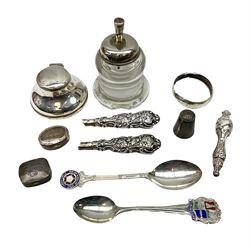 Quantity of silver to include two enamelled souvenir teaspoons, thimble, etc, all hallmarked / stamped, weighable silver approx 80g