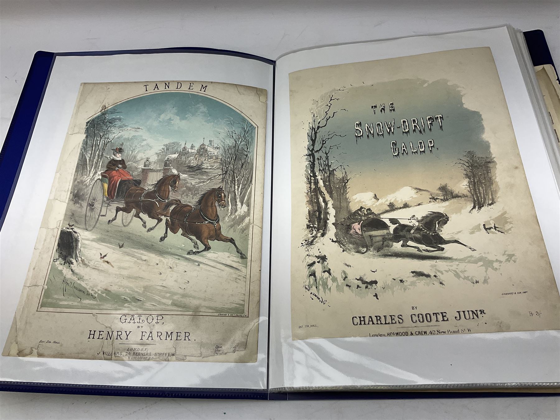 Two albums of Victorian and later sheet music, many with attractive illustrated coloured covers, to include some war and air force related examples to include The Frost Polka, Milk to my Tea, Tour Songs of the Air Service, Silver Wings in the Moonlight, etc, some facsimile