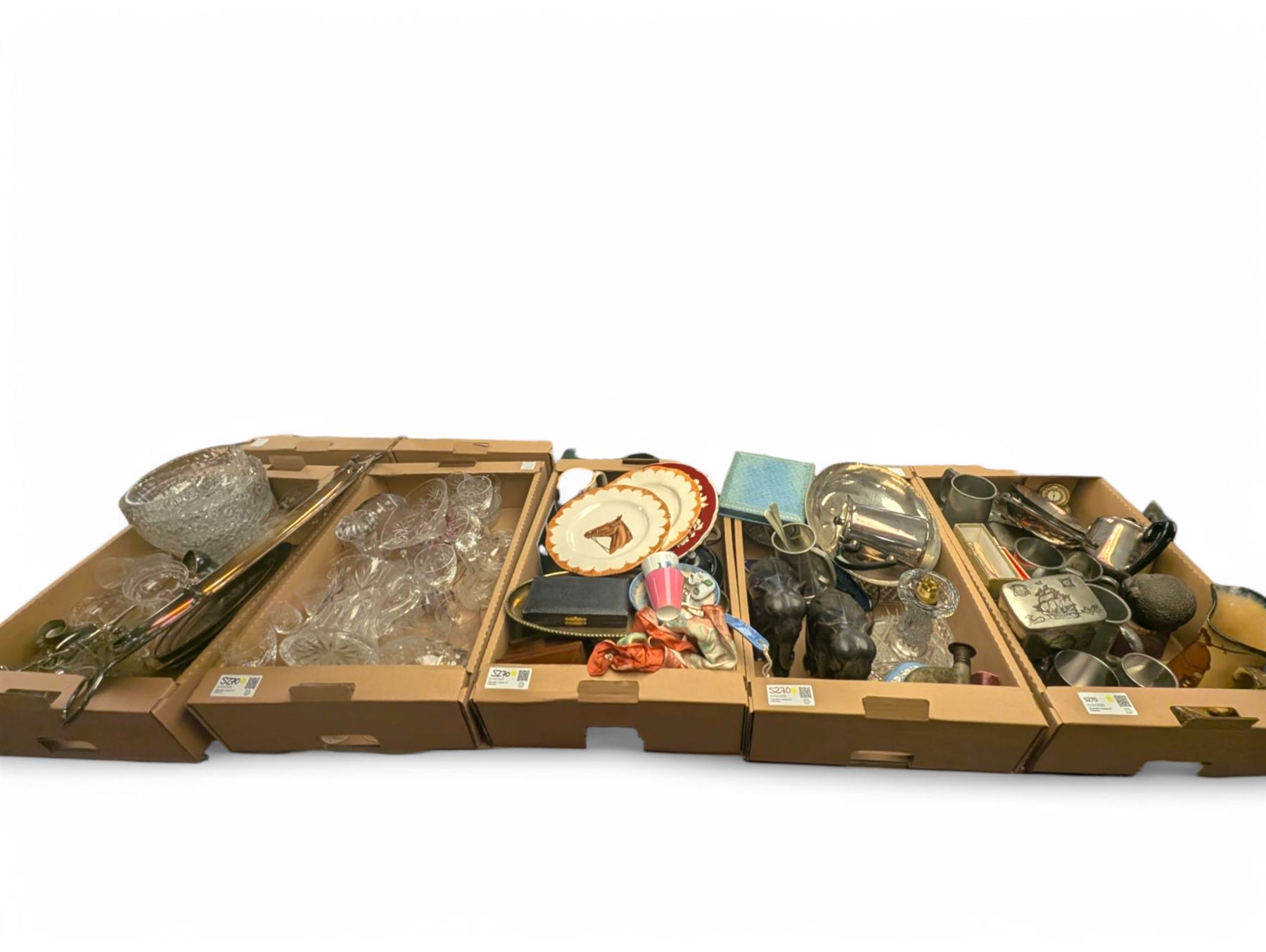 Collection of silver plate including twin-handled tray, cut glass, ceramics and other collectibles, in five boxes