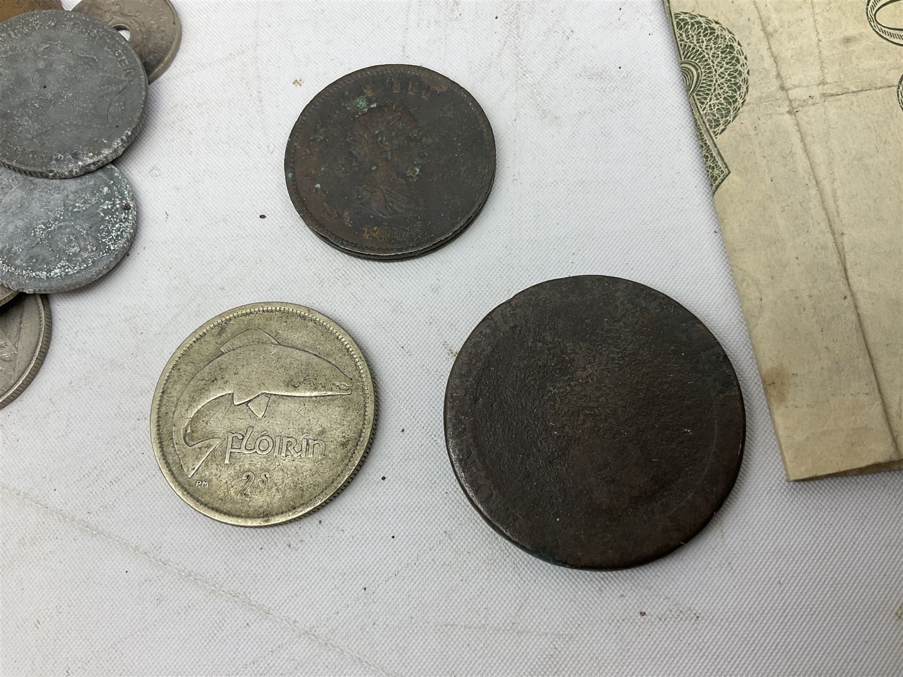 Collection of bank notes and coins, to include Irish 1928 floren, King George V 1931 shilling, cartwheel penny, Coins, stamps and miscellaneous collectibles, including Royal Life Saving Society medal, brooches, commemorative crowns etc