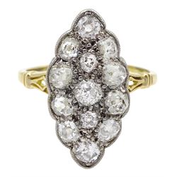 18ct gold and palladium milgrain set, navette shaped old cut diamond cluster ring, total diamond weight 2.00 carat