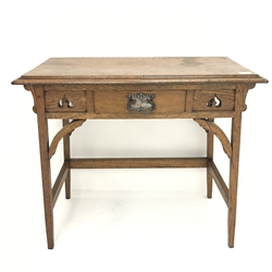 Arts & Crafts oak side table, moulded top, single drawer, pierced rail, square tapering supports, W82cm, H75cm, D43cm
