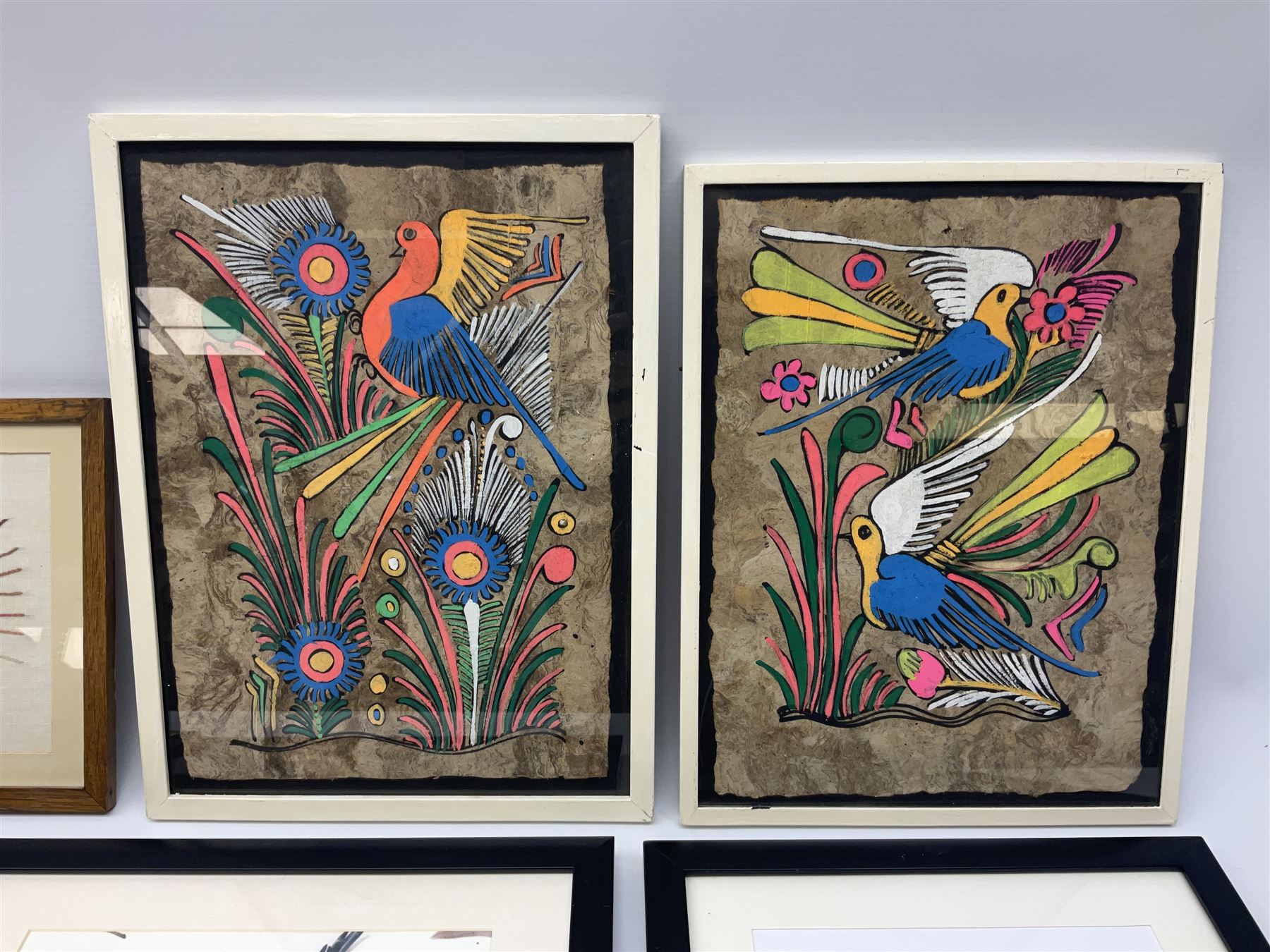 Mexican School (20th century): Birds of Paradise, pair Amate bark paintings together with four further pictures of birds max 31cm x 23cm (6)