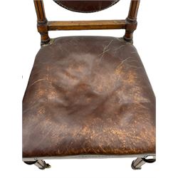 Set three 19th century mahogany dining chairs, leather upholstered seats, and two 19th century similar chairs