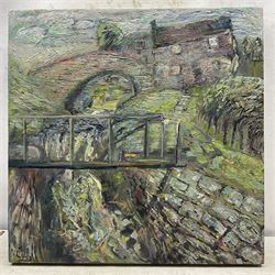 Nick Coley (British Contemporary): The Old Stone Bridge, acrylic on canvas signed 51cm x 51cm (unframed)