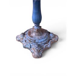 Victorian revival ornate cast iron garden table, pierced square top, pedestal base, finished in distressed blue paint