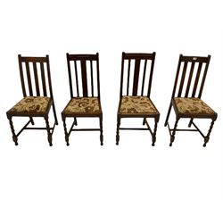 Early 20th century oak barley twist drop leaf dining table (105cm x 154cm, H74cm), and four chairs 
